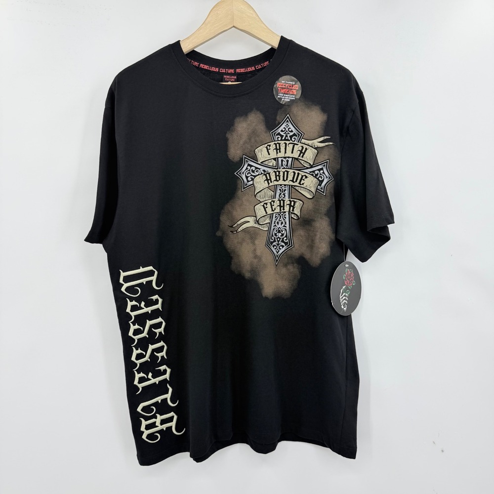 Rebellious Culture Faith Above Fear Blessed Mens Large Black New Graphic T-Shirt
